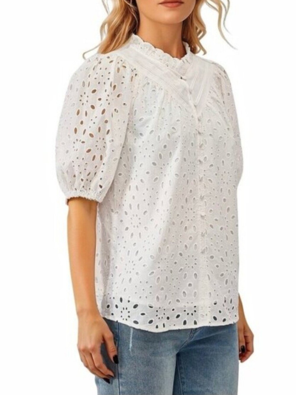 PrettyGarden Eyelet Blouse Short Sleeve Large